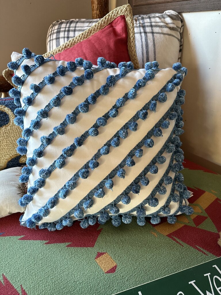 Eastern Accents White with Blue Pom Pom Accents
