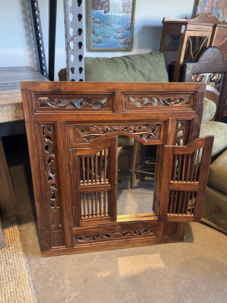 Vintage Hand-Carved Balinese Teak Window Mirror