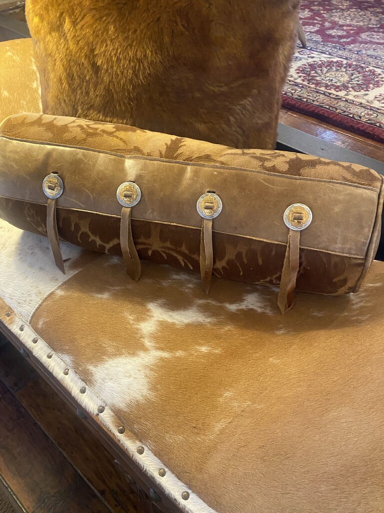 Leather And Upholstered Bolster Pillow With Fringe