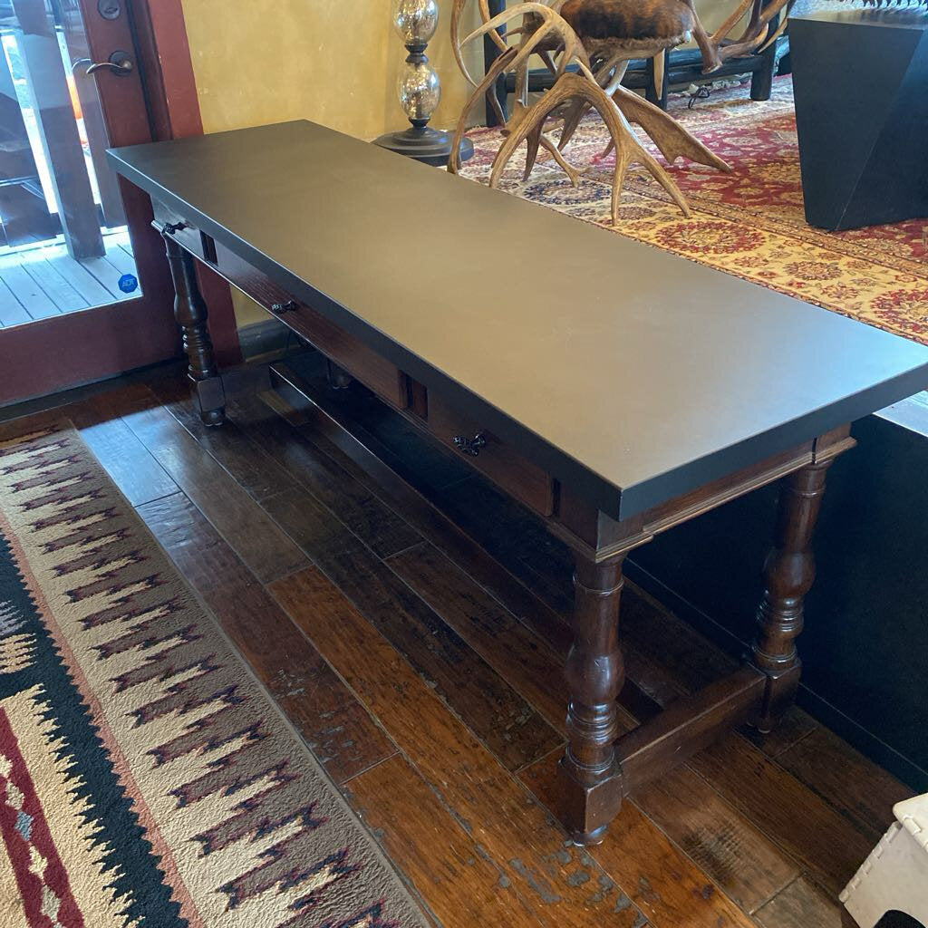 Three Drawer Wood Console With Metal Top
