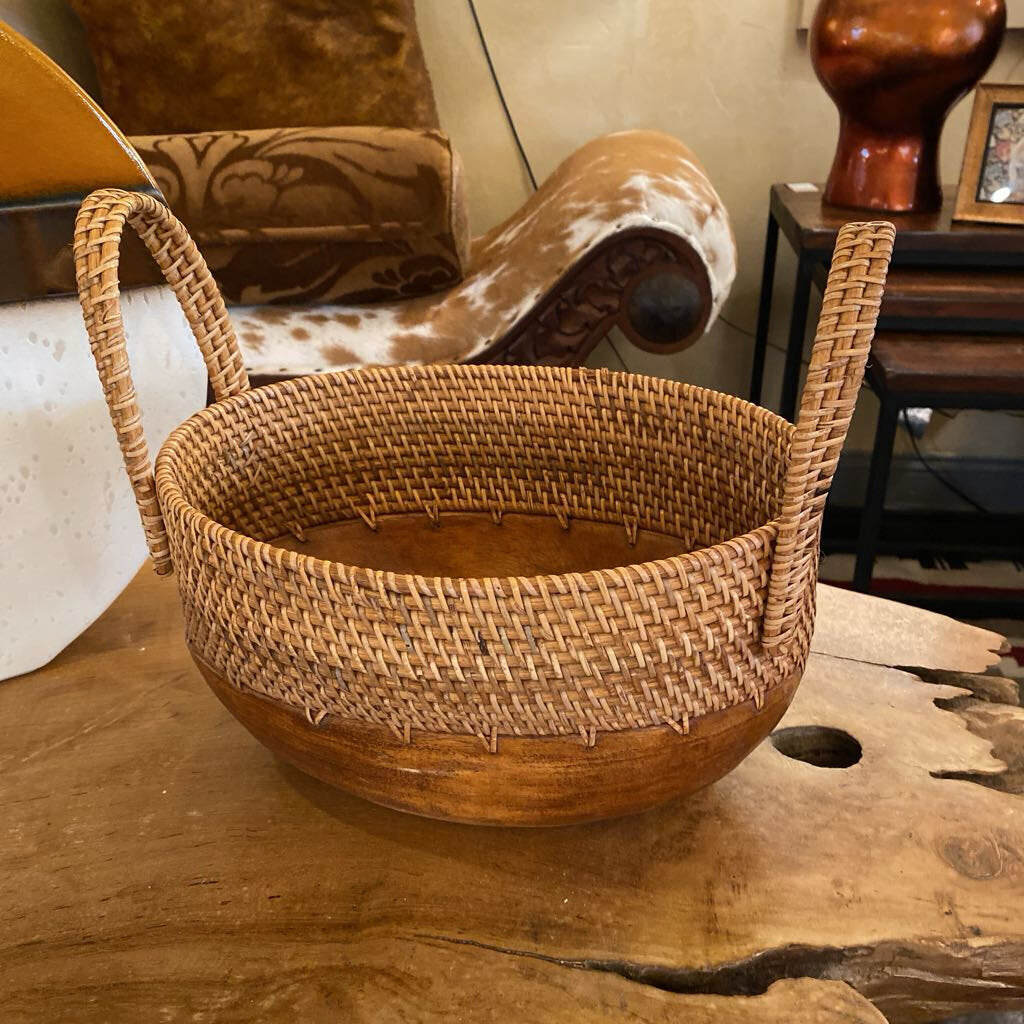 Wood And Woven Rattan Basket