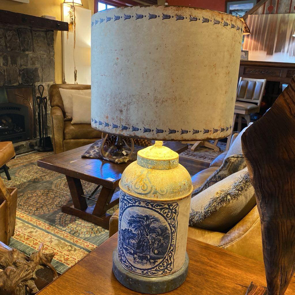 Antique Farmhouse Aged Blue Pastoral Tole Lamp