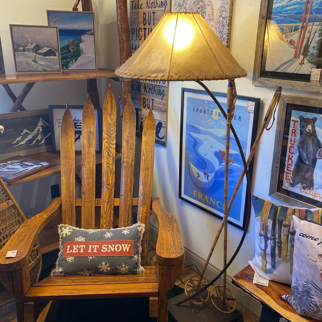 Iron Lamp With Vintage Ski Poles and Rawhide Shade