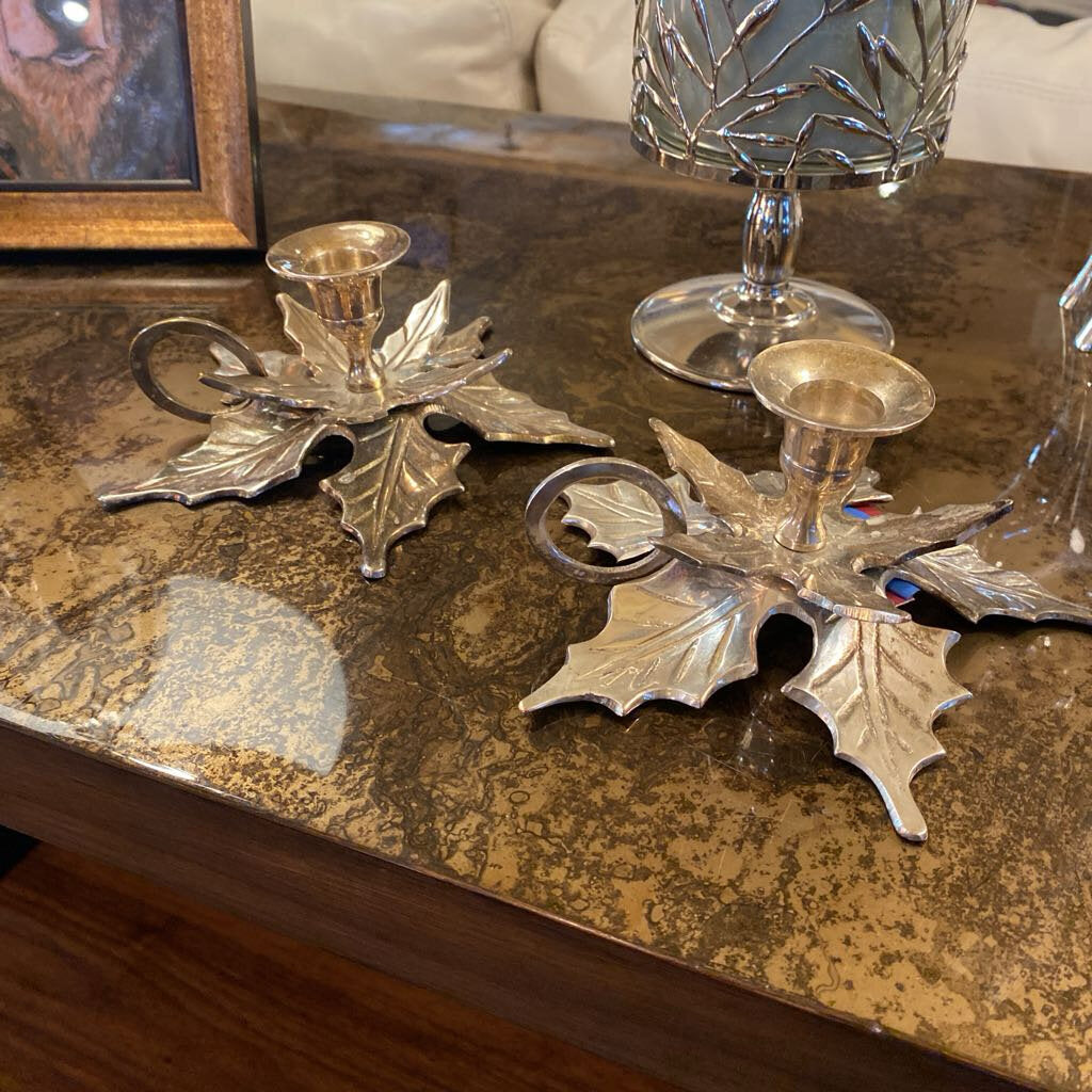 Silver Holly Leaf Candle Holders - Set Of 2