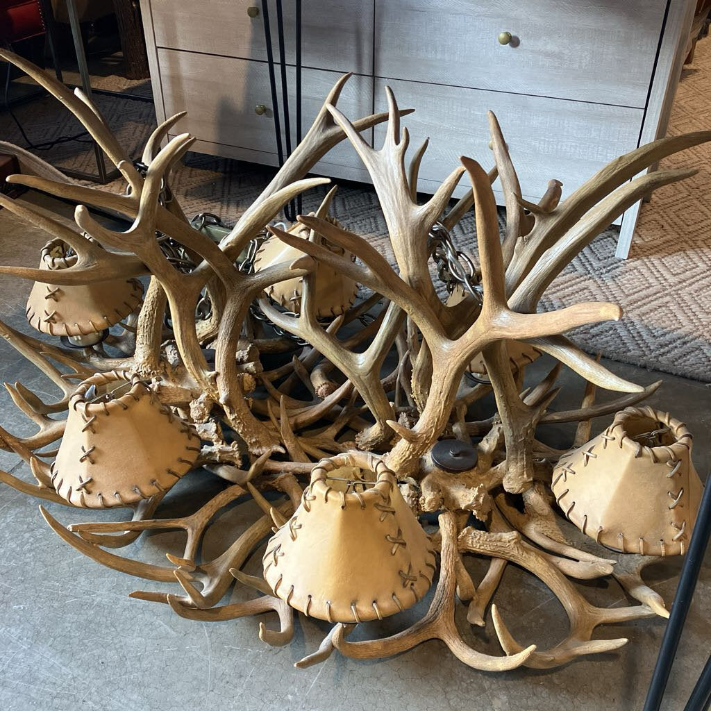 Faux Antler Chandelier W/ Leather Light Covers