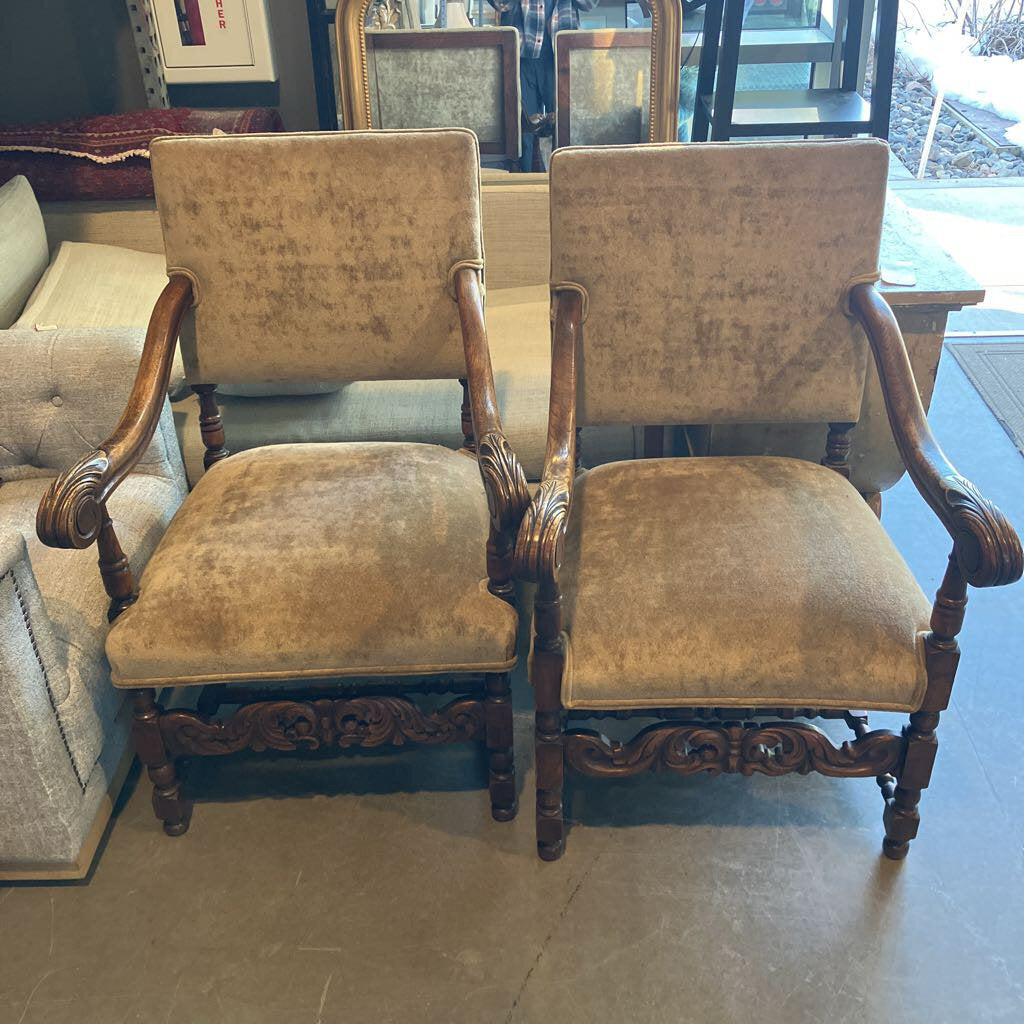 Carved Wood Arm Upholstered Chairs Set of 2