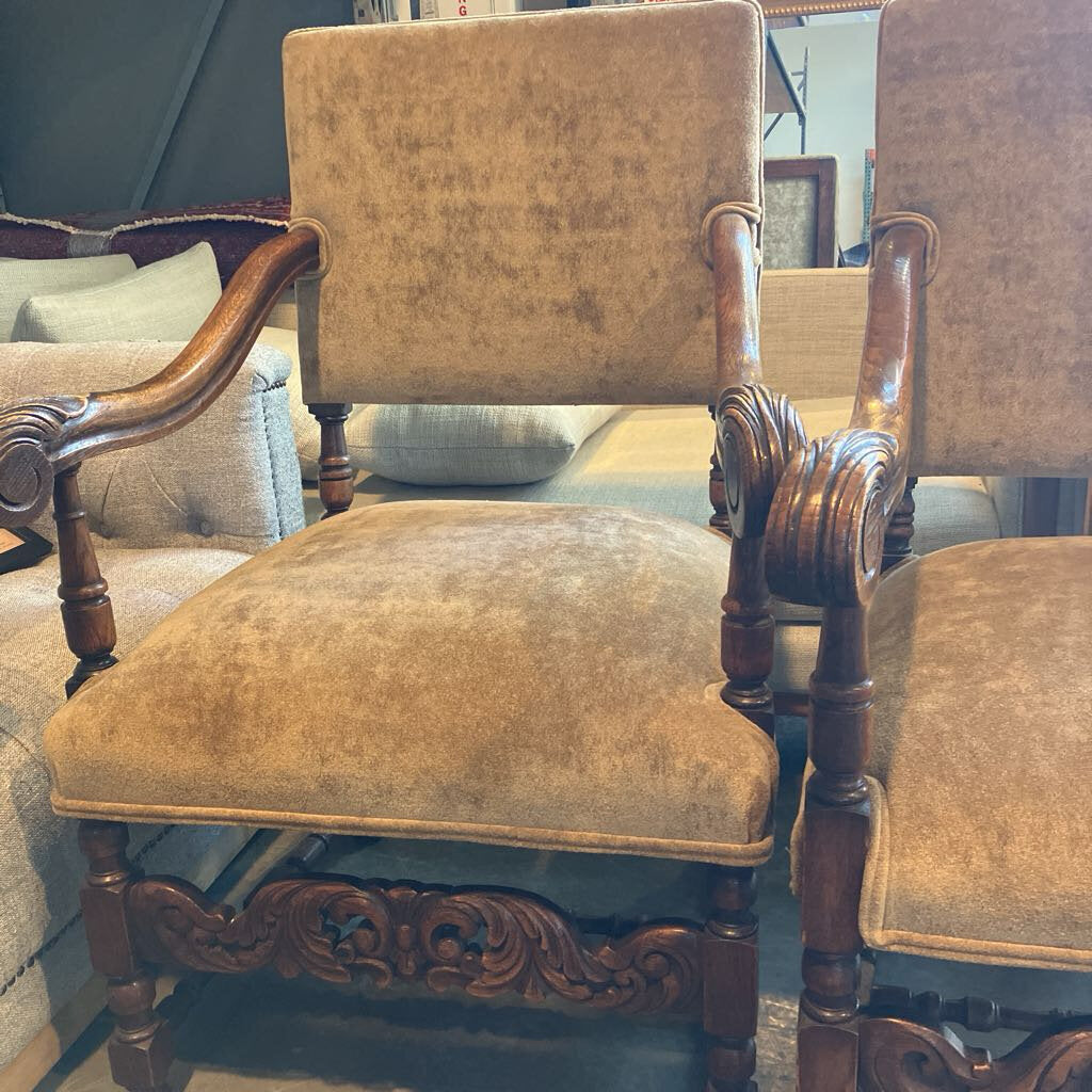Carved Wood Arm Upholstered Chairs Set of 2
