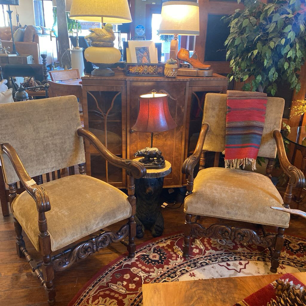 Carved Wood Arm Upholstered Chairs Set of 2