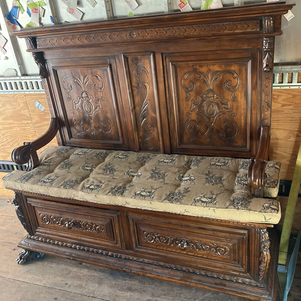 Hand Carved Wood Entry Bench W/ Drawers