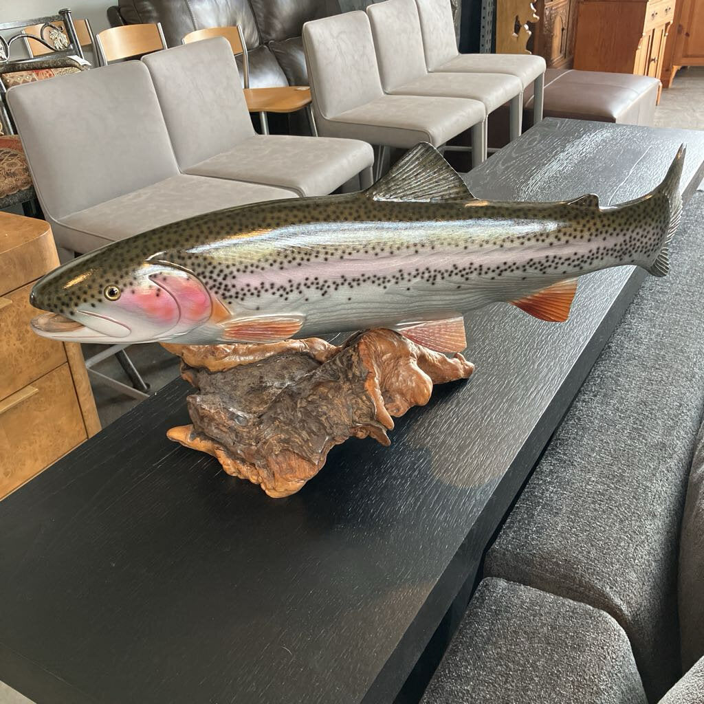 Rainbow Trout Sculpture On Burl Base