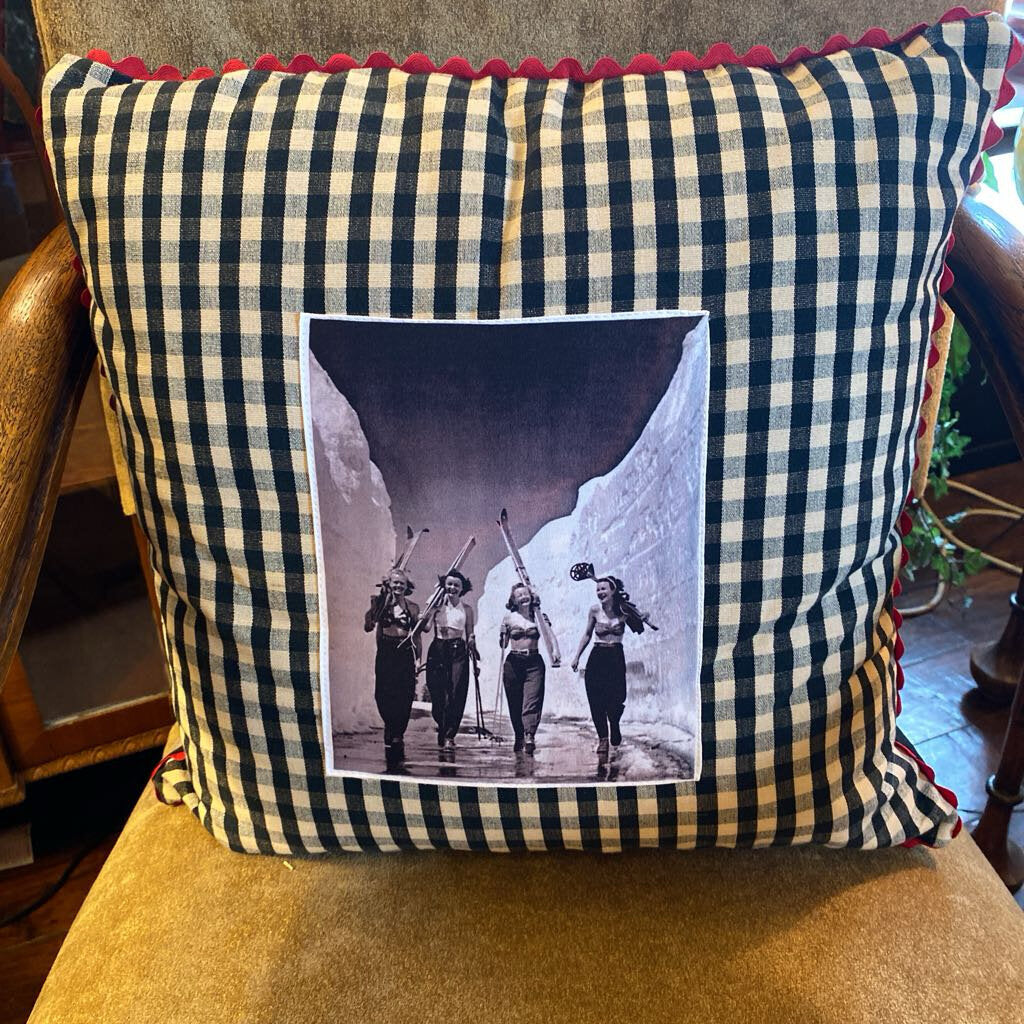 Black And White Checkered Pillow With Vintage Skier Photo