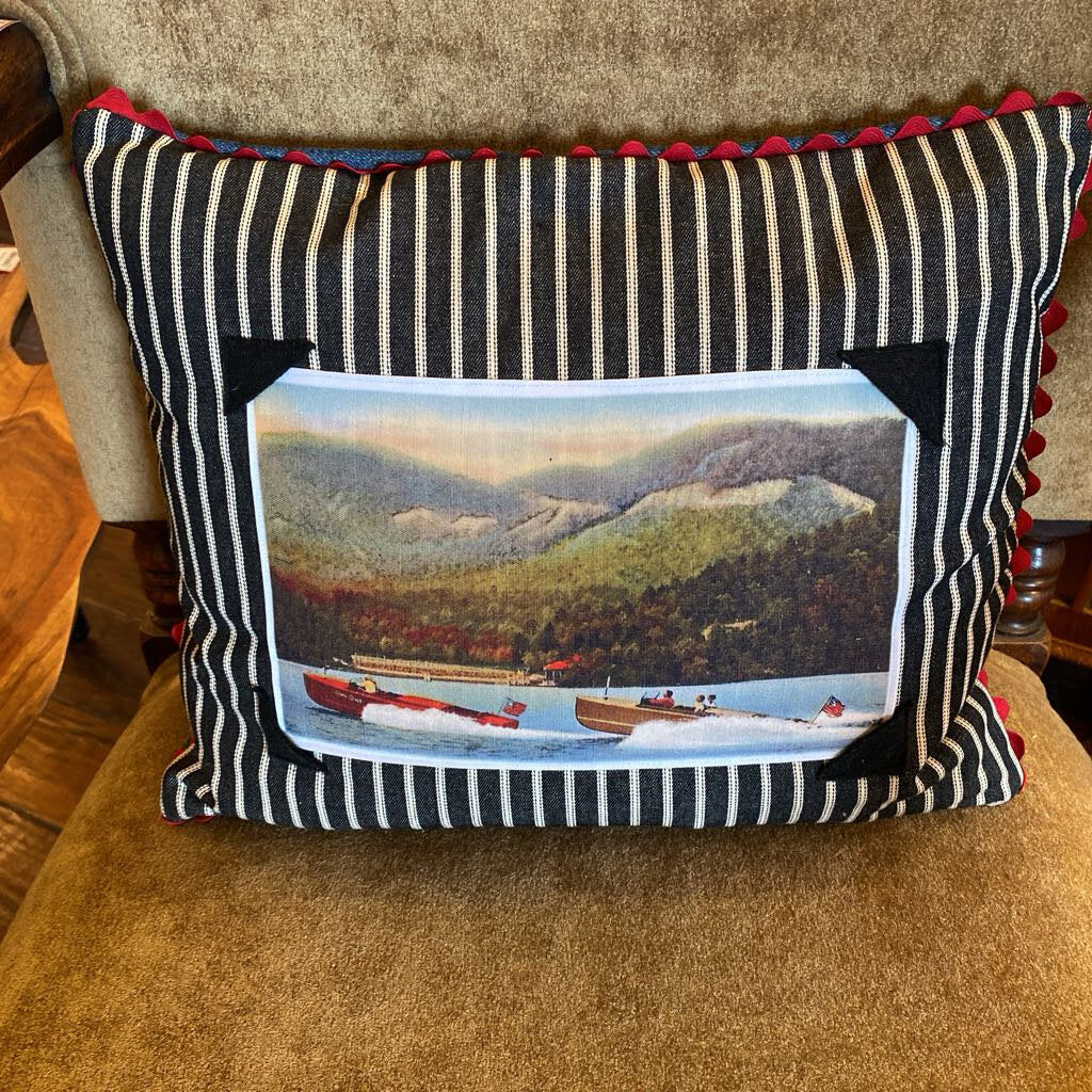 Black And White Striped Pillow With Lake Scene