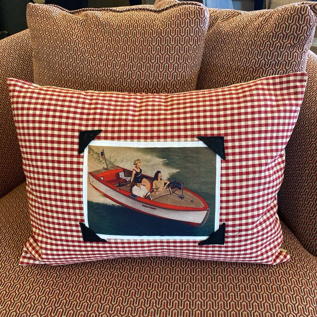 Red And White Checkered Pillow With Boat Photo