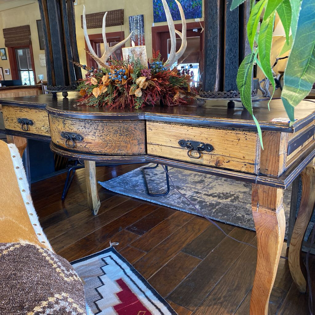 Three Drawer Distressed Console Table With Curved Front