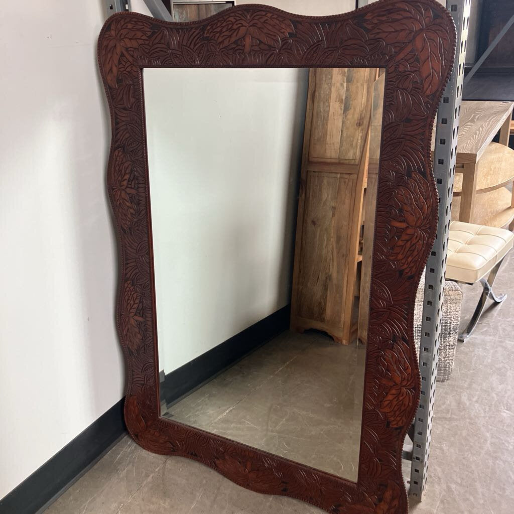 Leather Framed Mirror W/ Nature Motif