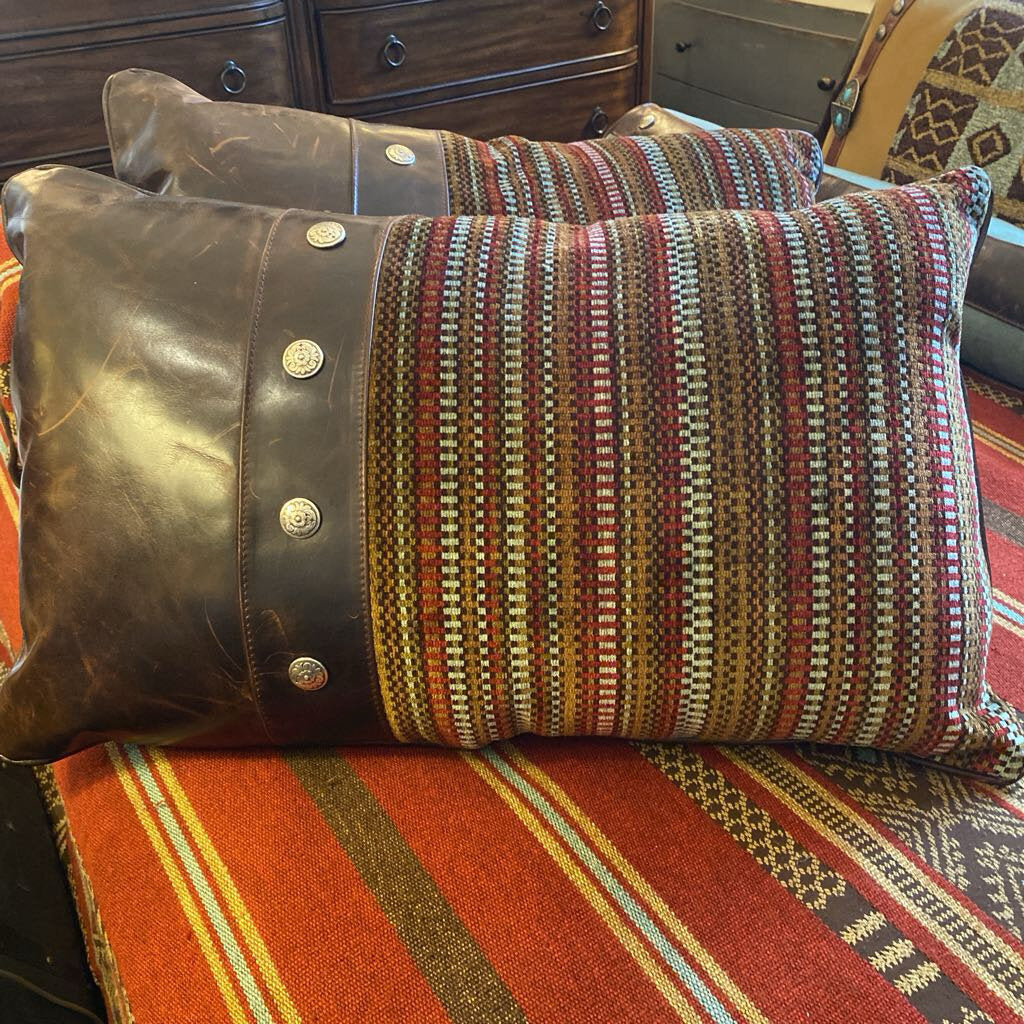 Red Striped Western Standard Pillow Sham With Faux Leather Accents