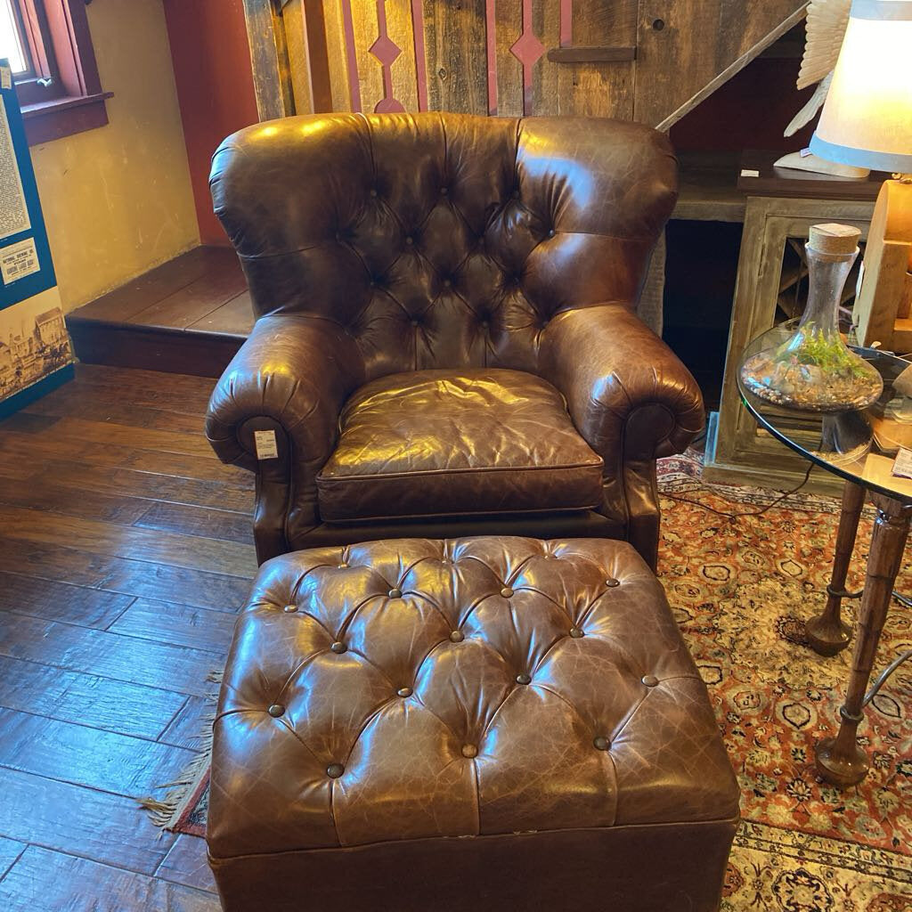 Restoration Hardware Leather Swivel Writer's Chair And Ottoman