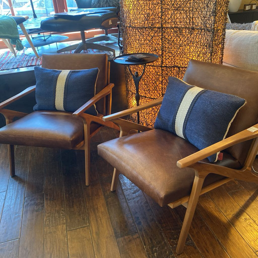 Crate & Barrel Cavett Wood And Leather Accent Chair In Hickory - Set of 2