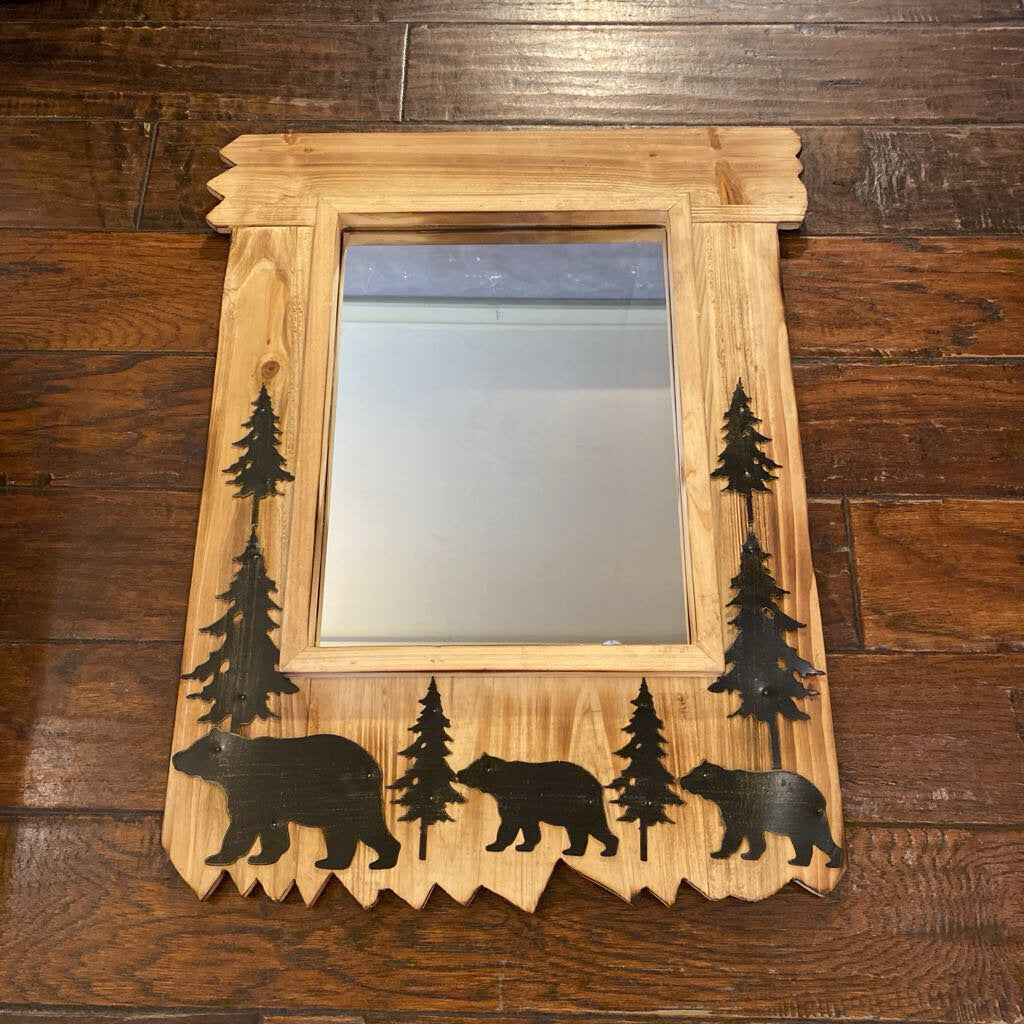 Wood Famed Mirror With Metal Trees and Bears