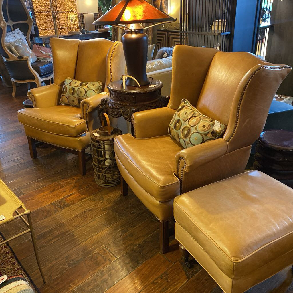 Pottery Barn Leather Wingback Chair - Set of 2 With Ottoman