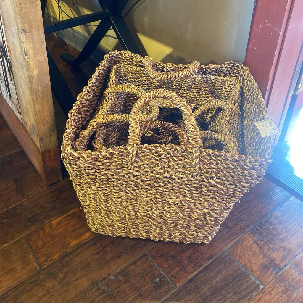 Braided Hyacinth Stacking Storage Baskets With Handles - Set of 3
