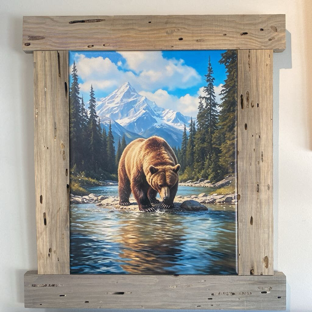 Bear Framed In Blue Stain Pine Frame