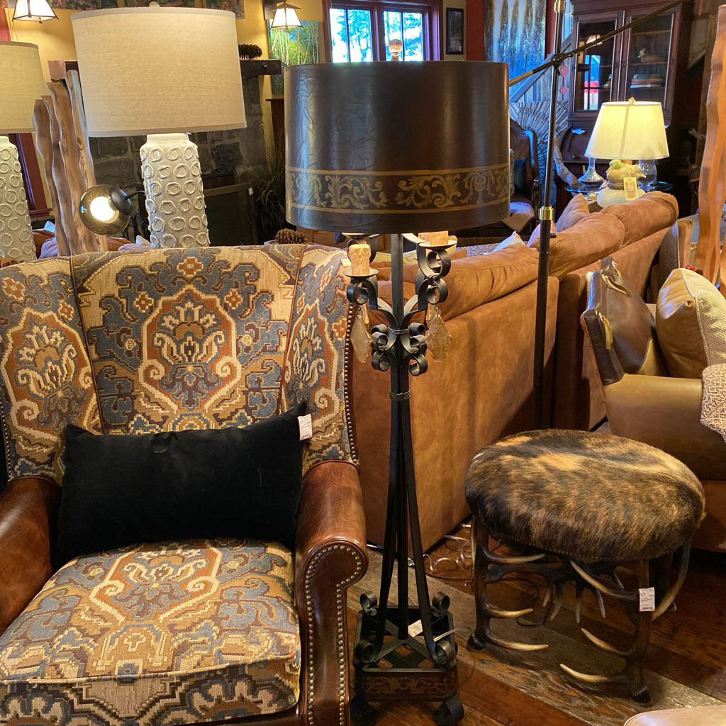 Vintage Wrought Iron Floor Lamp With Multi Light Candleabra And Scrollwork Accents