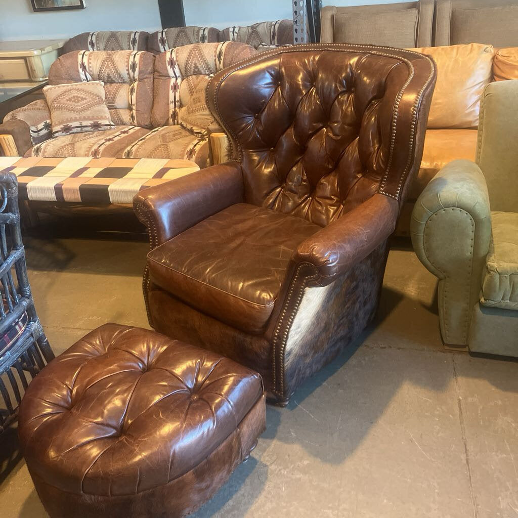 Alexander Taylor Leather & Cowhide Wingback Chair & Ottoman