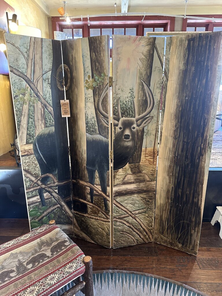 Deer Motif Four Panel Wood Screen