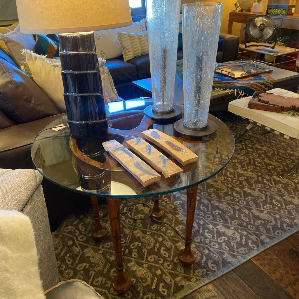 Round Glass Top With Wood and Iron Base Side Table