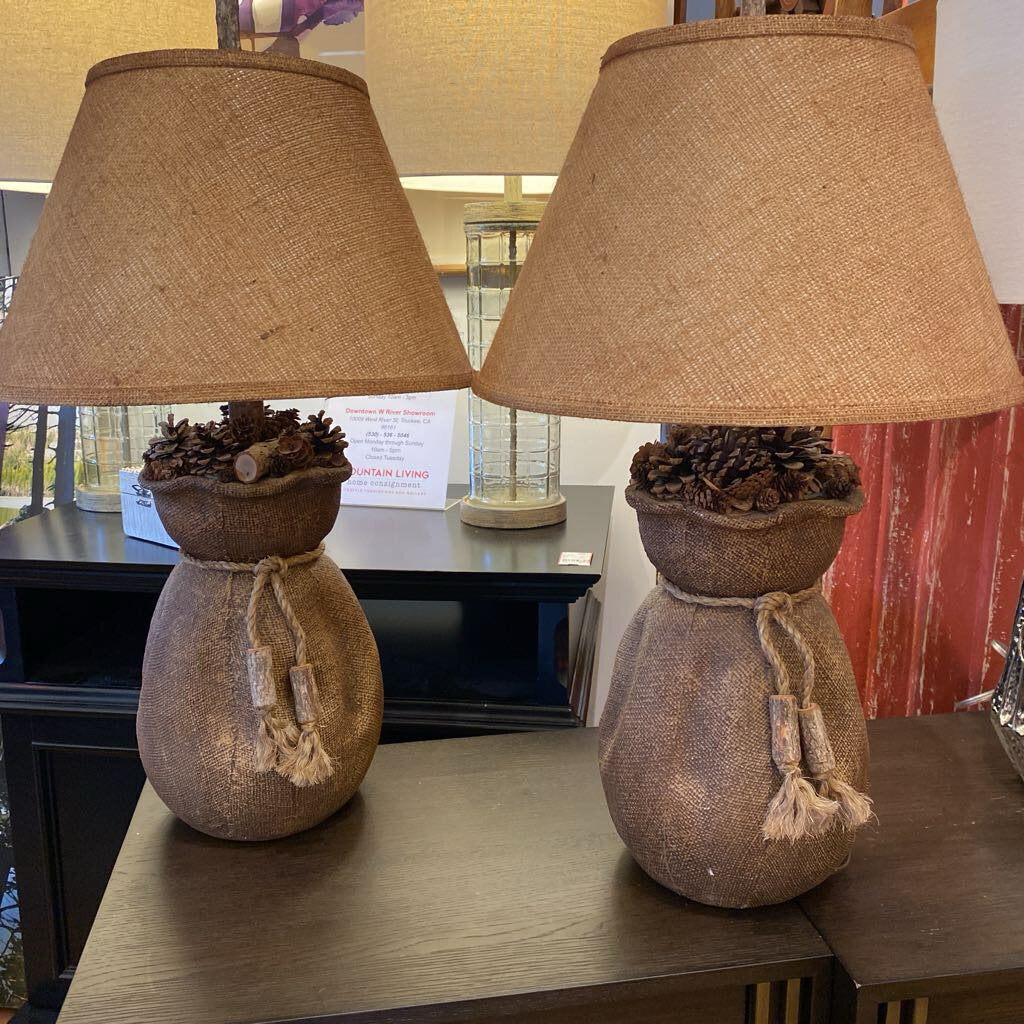 Pine Cone Burlap Lamp - Set of 2