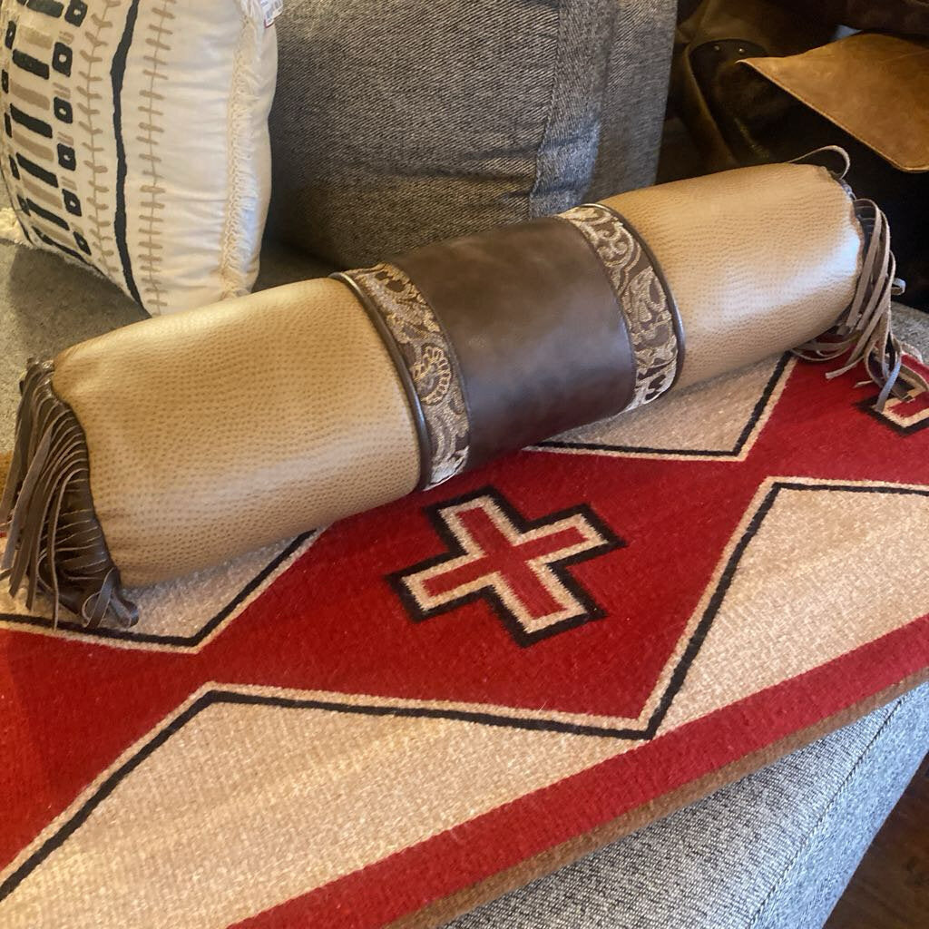 Leather And Upholstered Bolster Pillow With Fringe