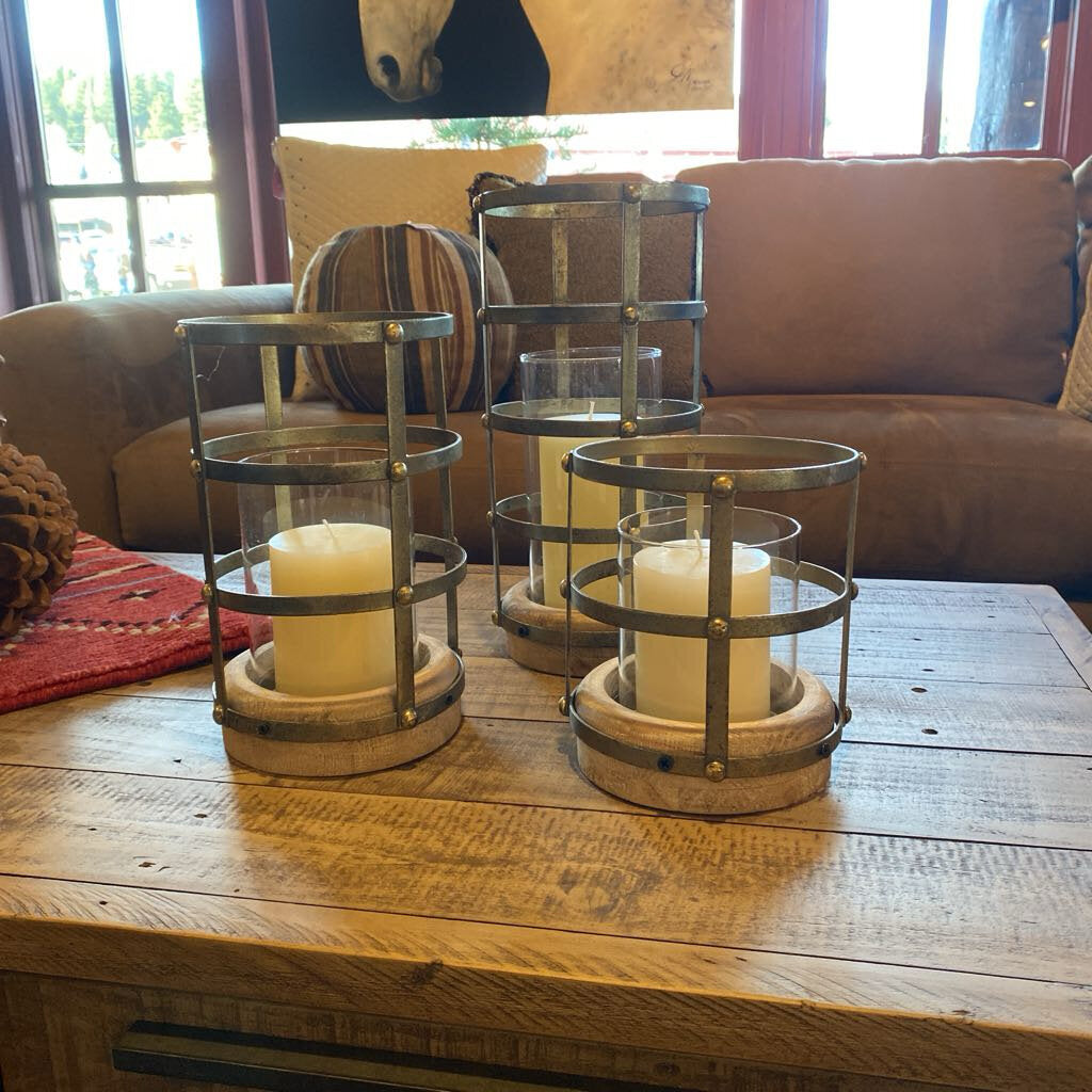 Metal And Wood Candle Holder - Set Of 3