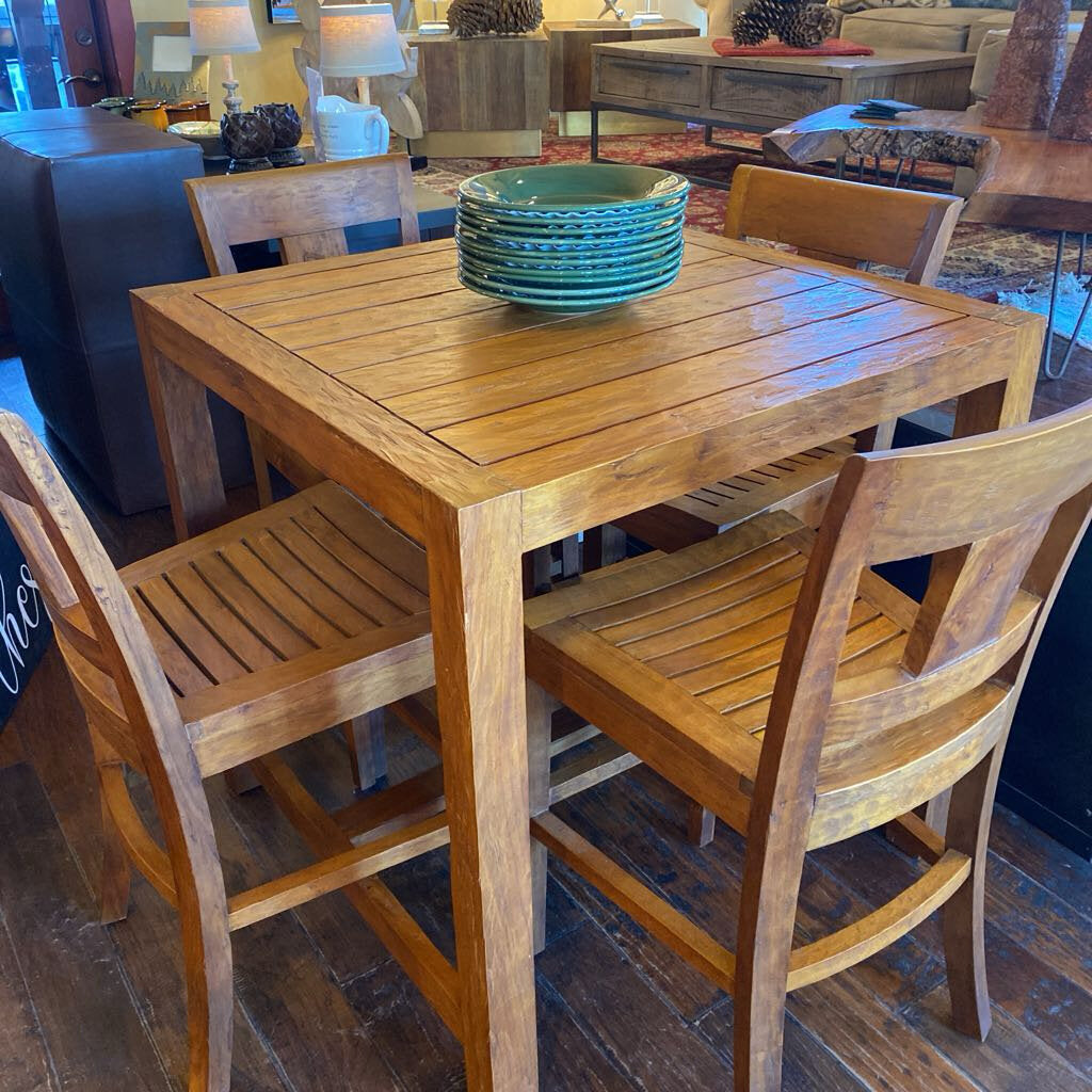 Teak Bar Table And Set Of Four Bar Stools With Golf Motif