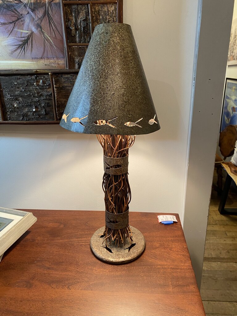 Stick Base Lamp With Copper Shade With Fish Motif