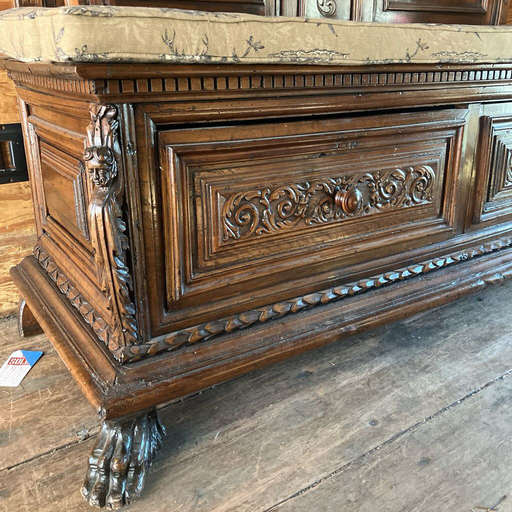 Hand Carved Wood Entry Bench W/ Drawers