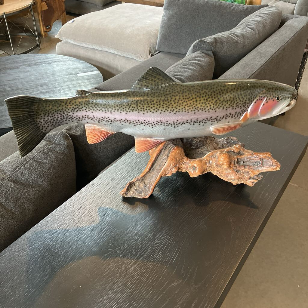 Rainbow Trout Sculpture On Burl Base