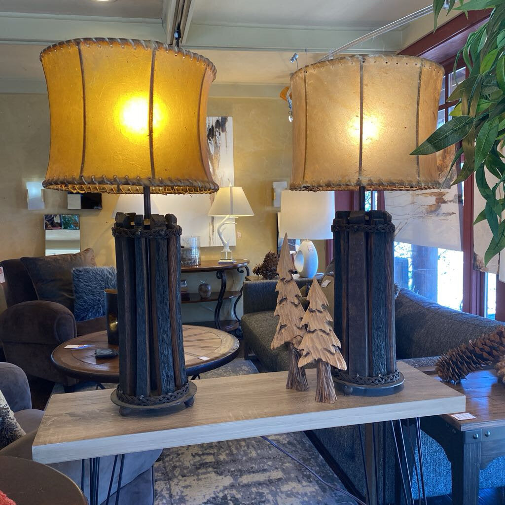 Rustic Wood Lamp With Rawhide Shade - Set Of 2