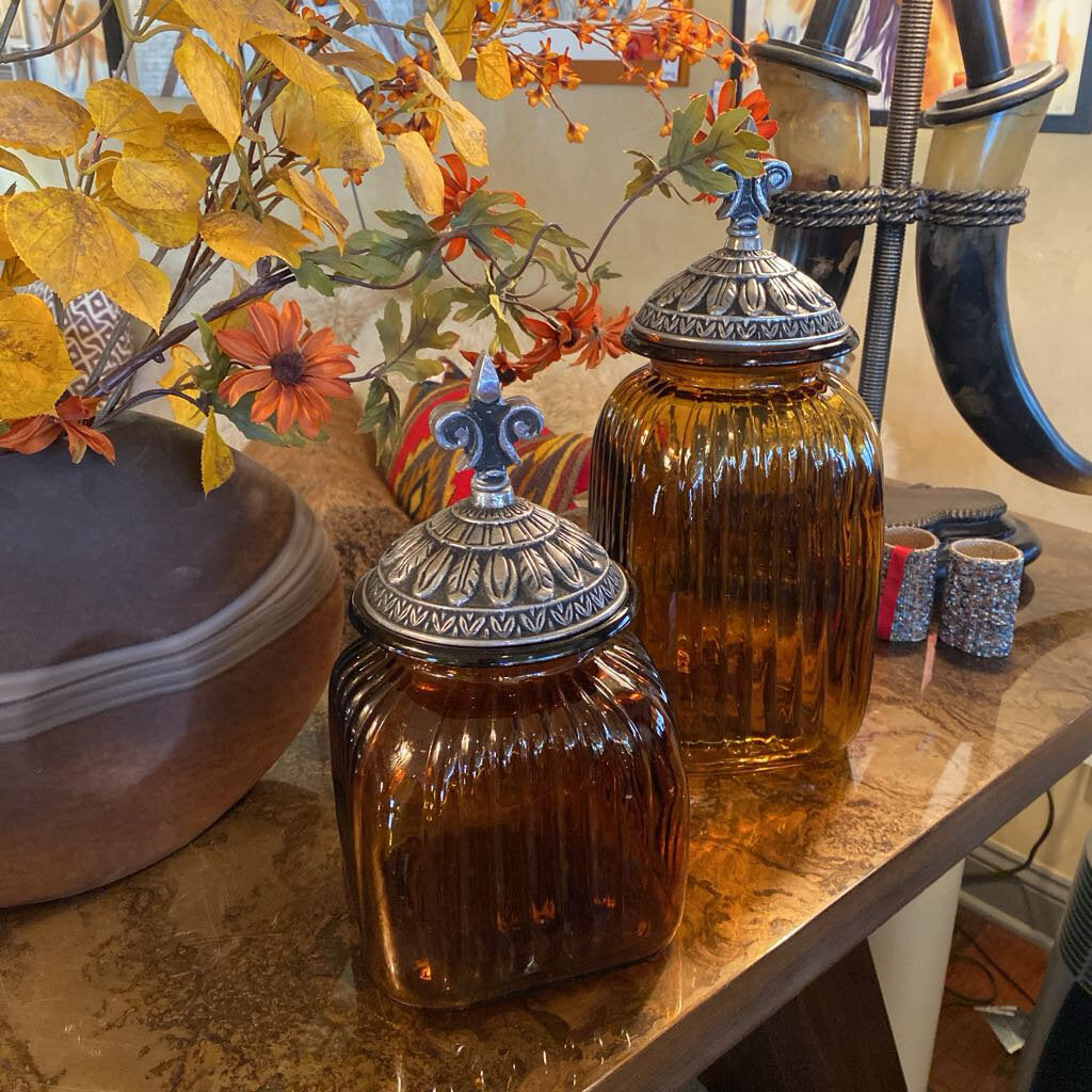 Amber Canisters With Silver Lids