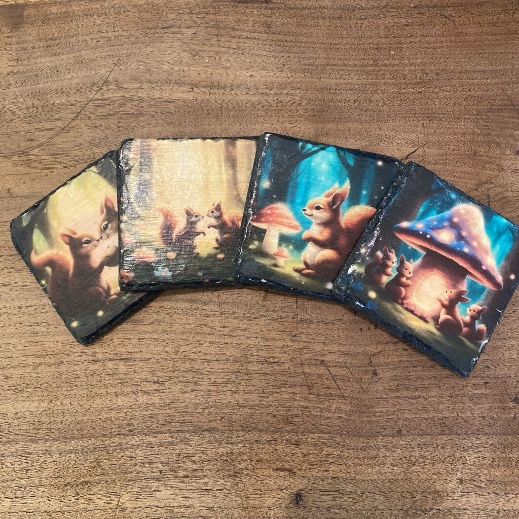 Squirrel Mushroom House Coasters - Set Of 4