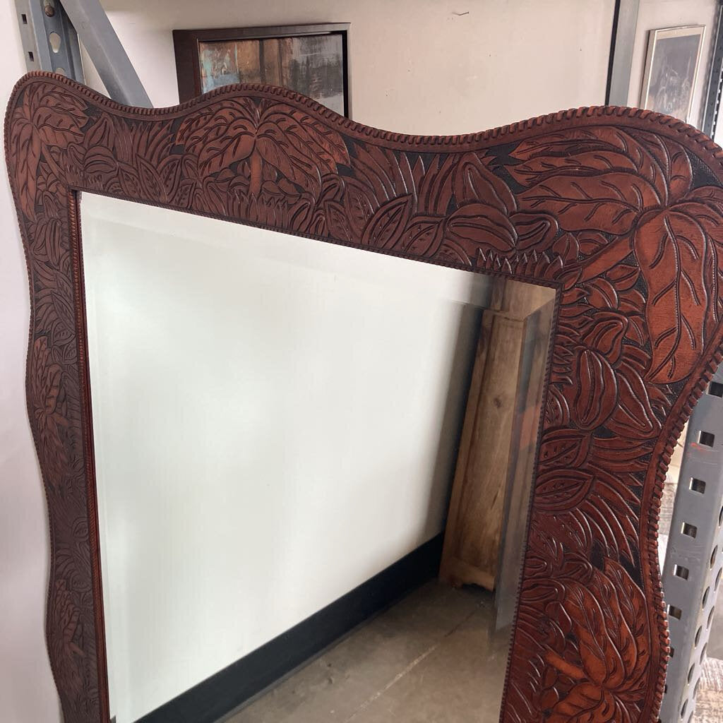 Leather Framed Mirror W/ Nature Motif