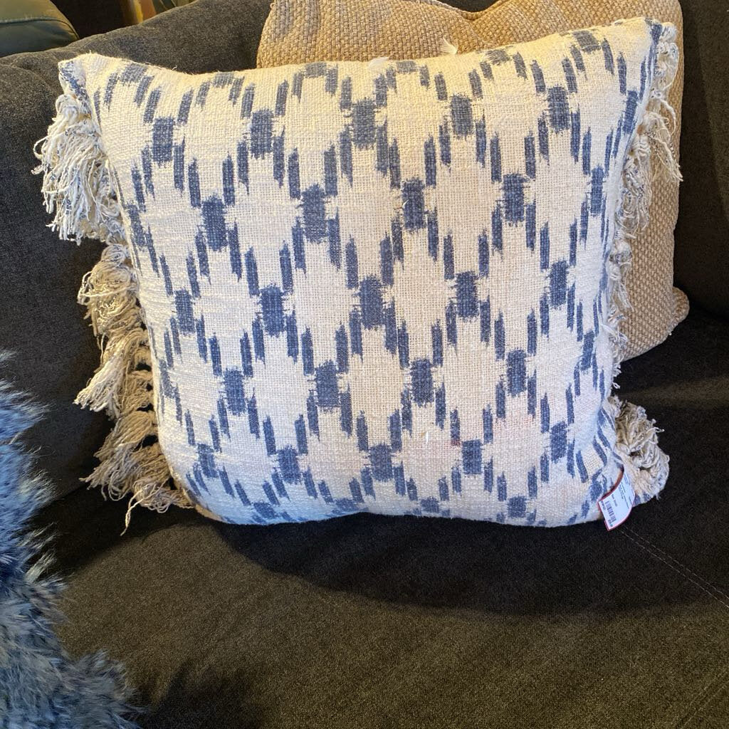 Blue And White Pillow With Fringe