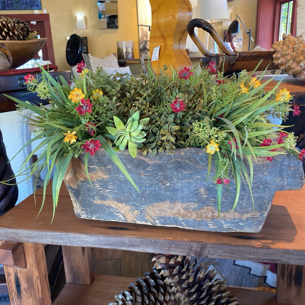 Vintage Wood Planter Box With Faux Flowers