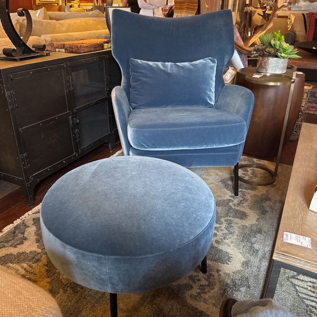 Crate & Barrel Alex Navy Blue Velvet Accent Chair - Set of 2 With 1 Ottoman