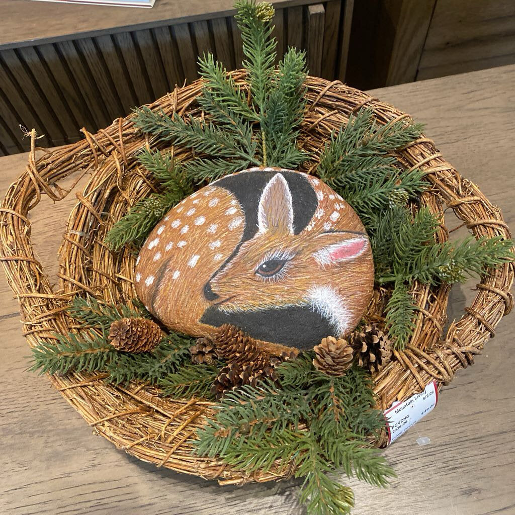 Hand Painted Fawn Rock in Twig Basket