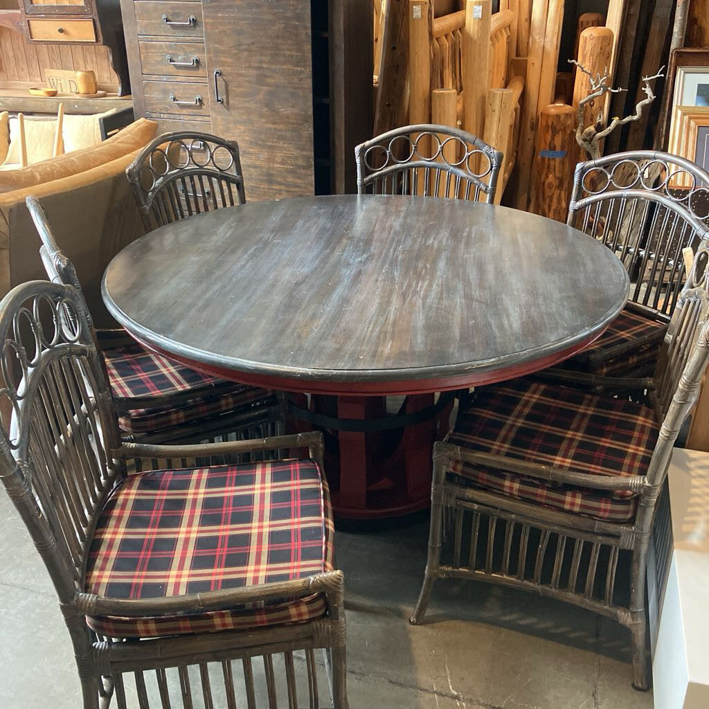 Guild Master Global Round Dining Table w/ Set of 6 Bamboo & Rattan Dining Chairs