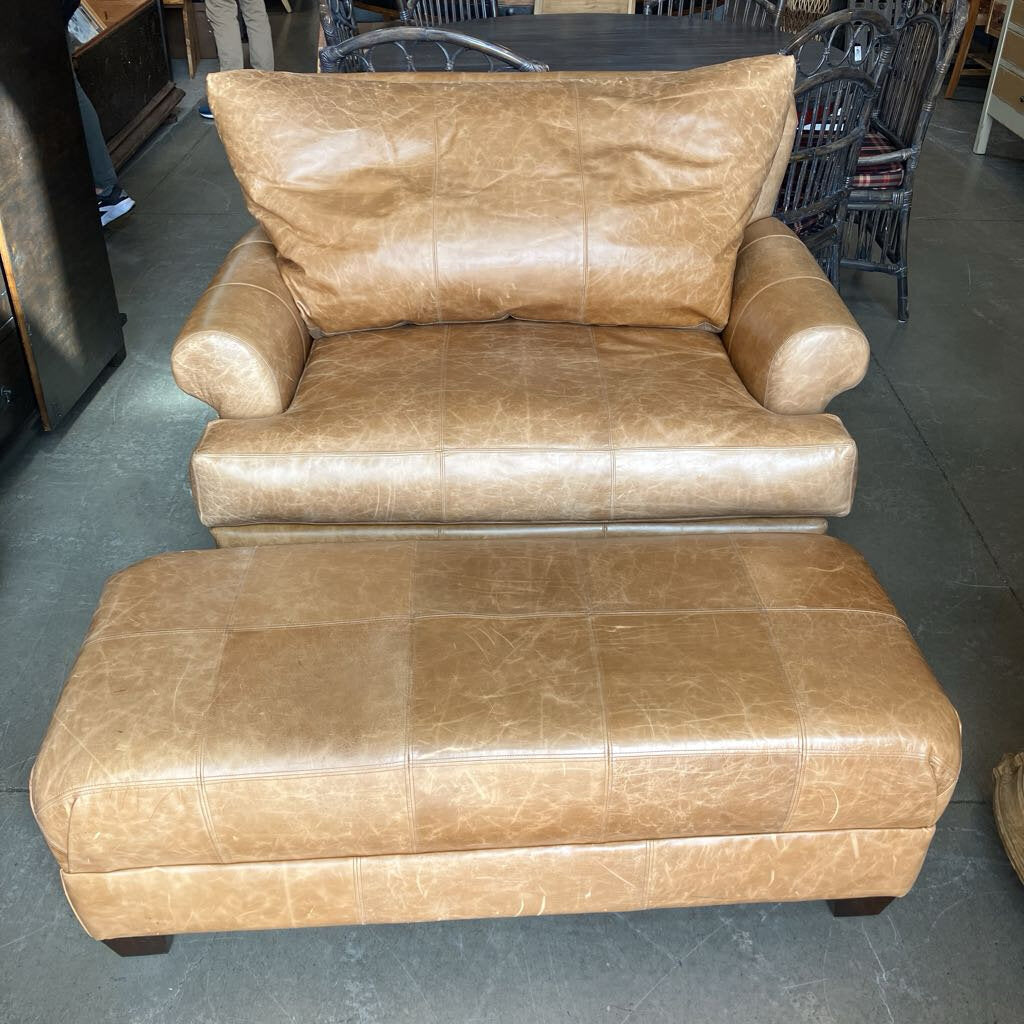Oversixed Tan Leather Armchair w/ Ottoman