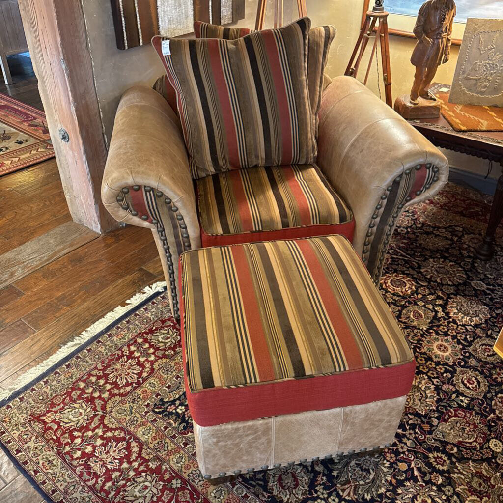 Custom Striped And Leather Chair And Ottoman