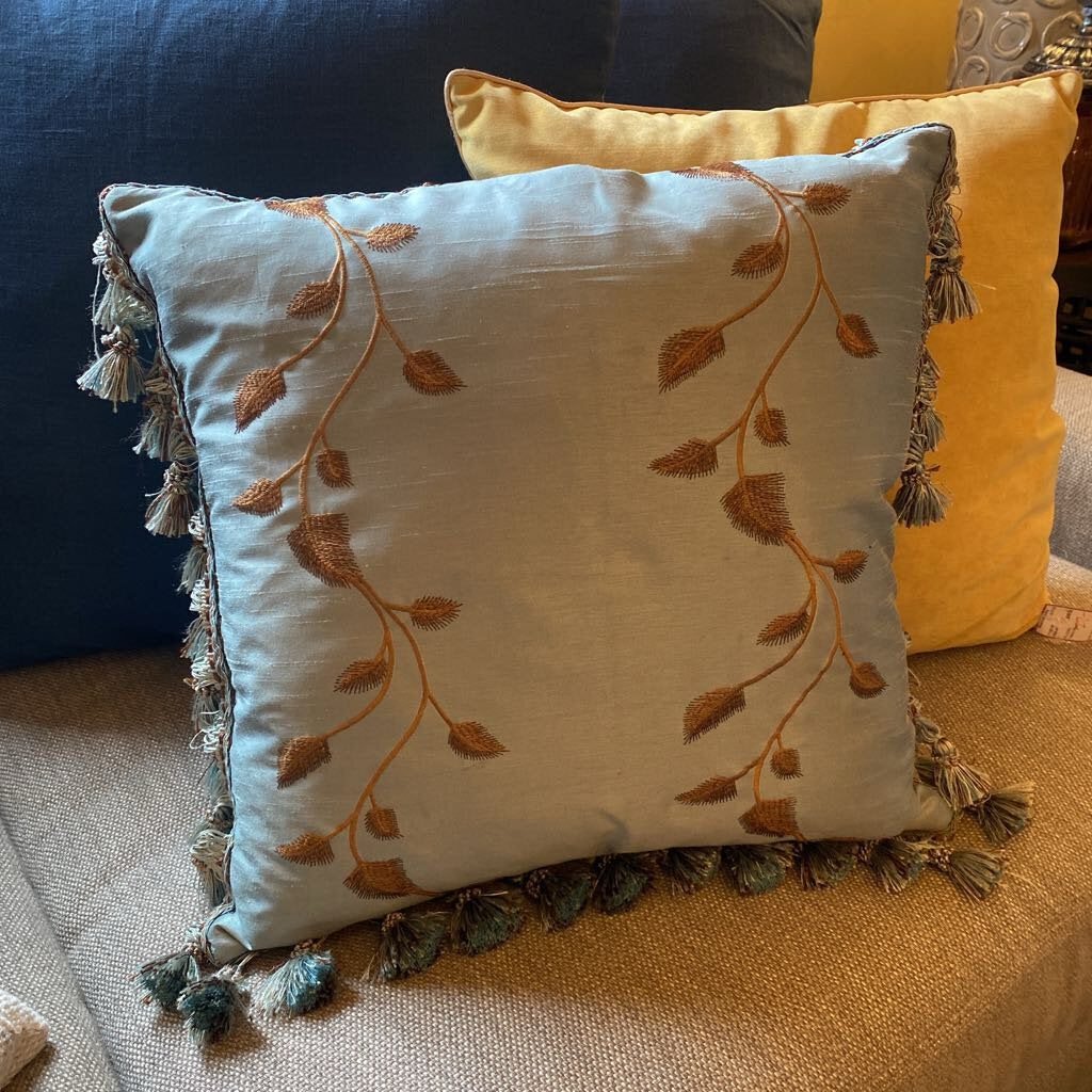 Blue and Gold Pillow With Fringe