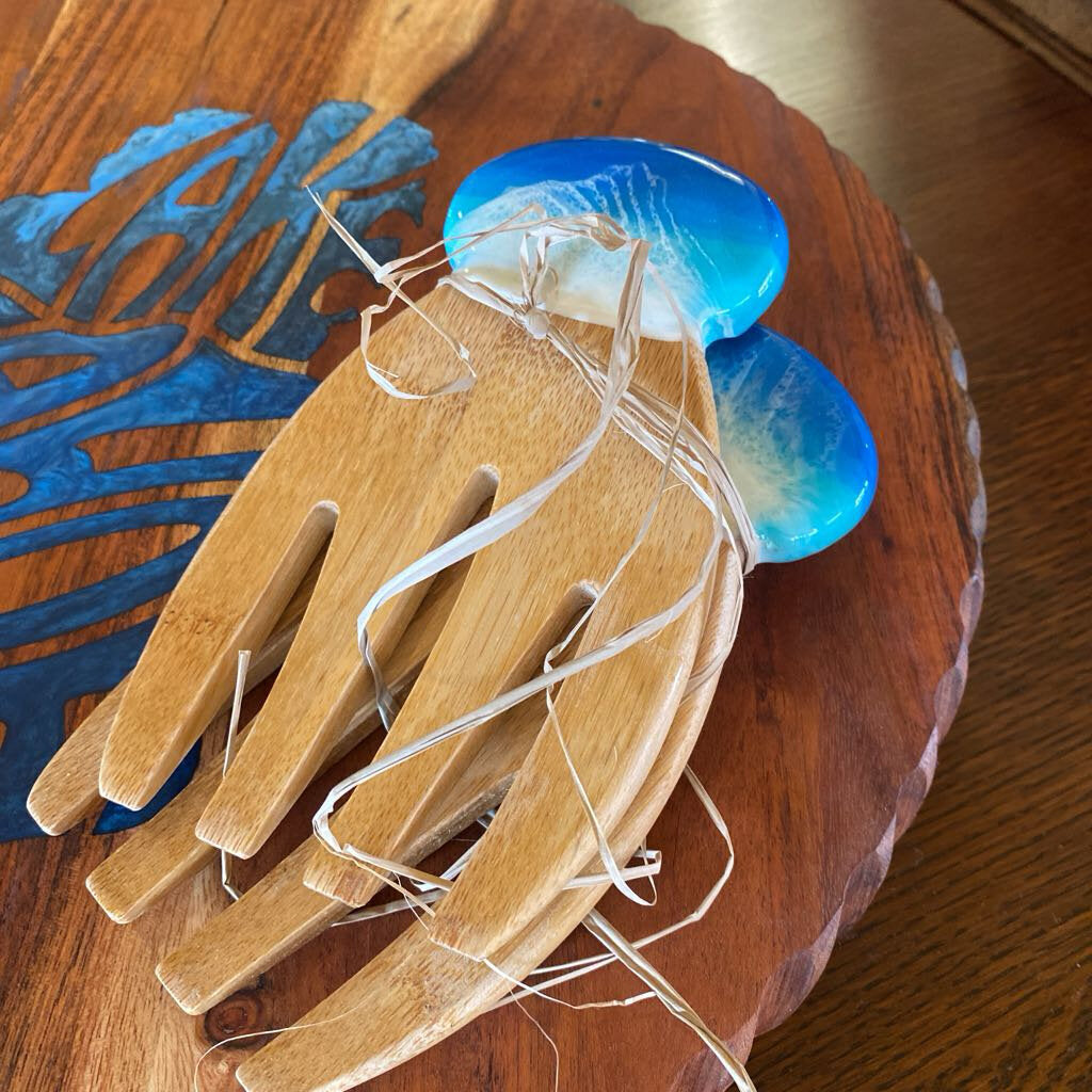 Bamboo Salad Servers with Resin Ocean Wave